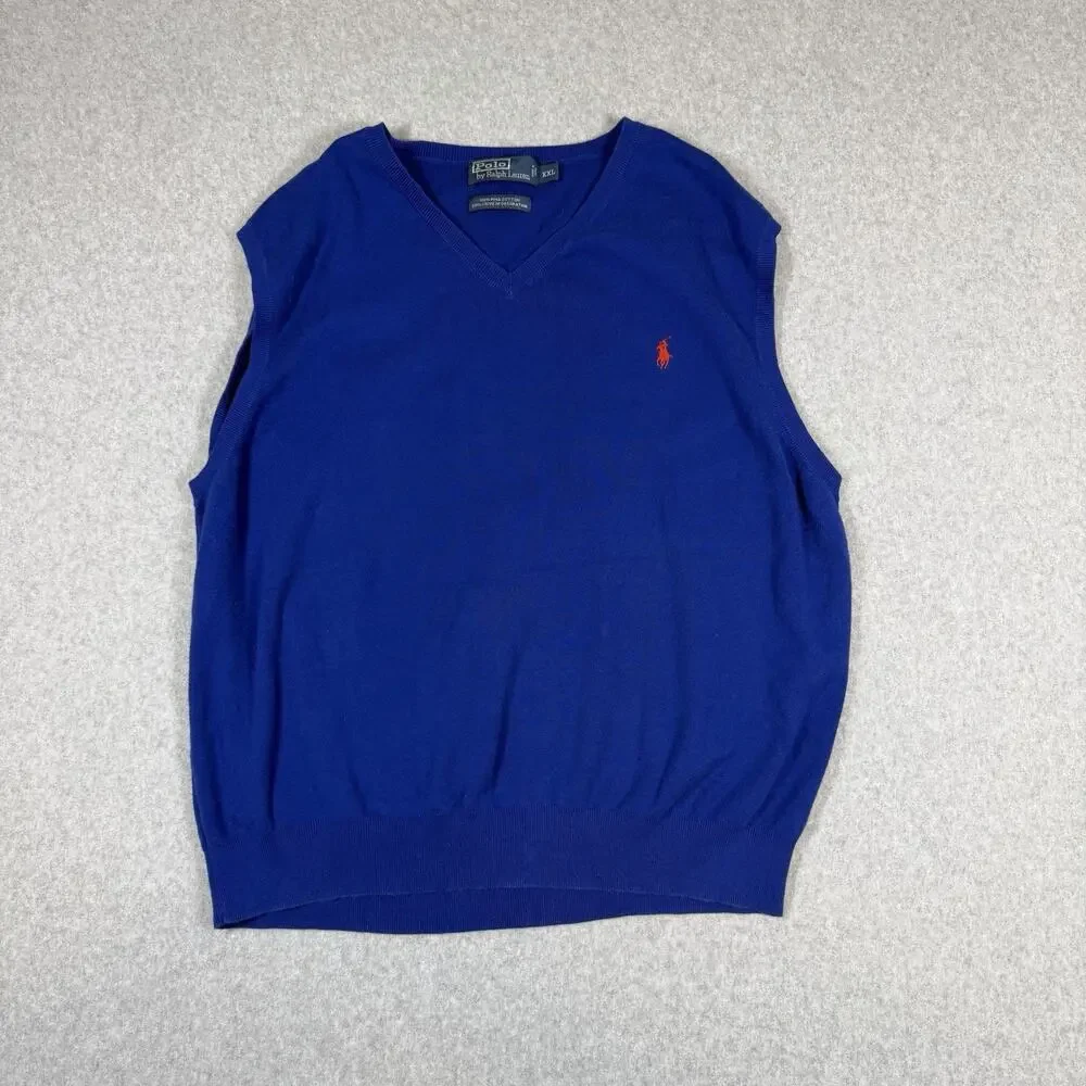 Vintage Polo Ralph Lauren Blue Sweater Vest Mens XXL Cotton Knit Golf 90s Preppy